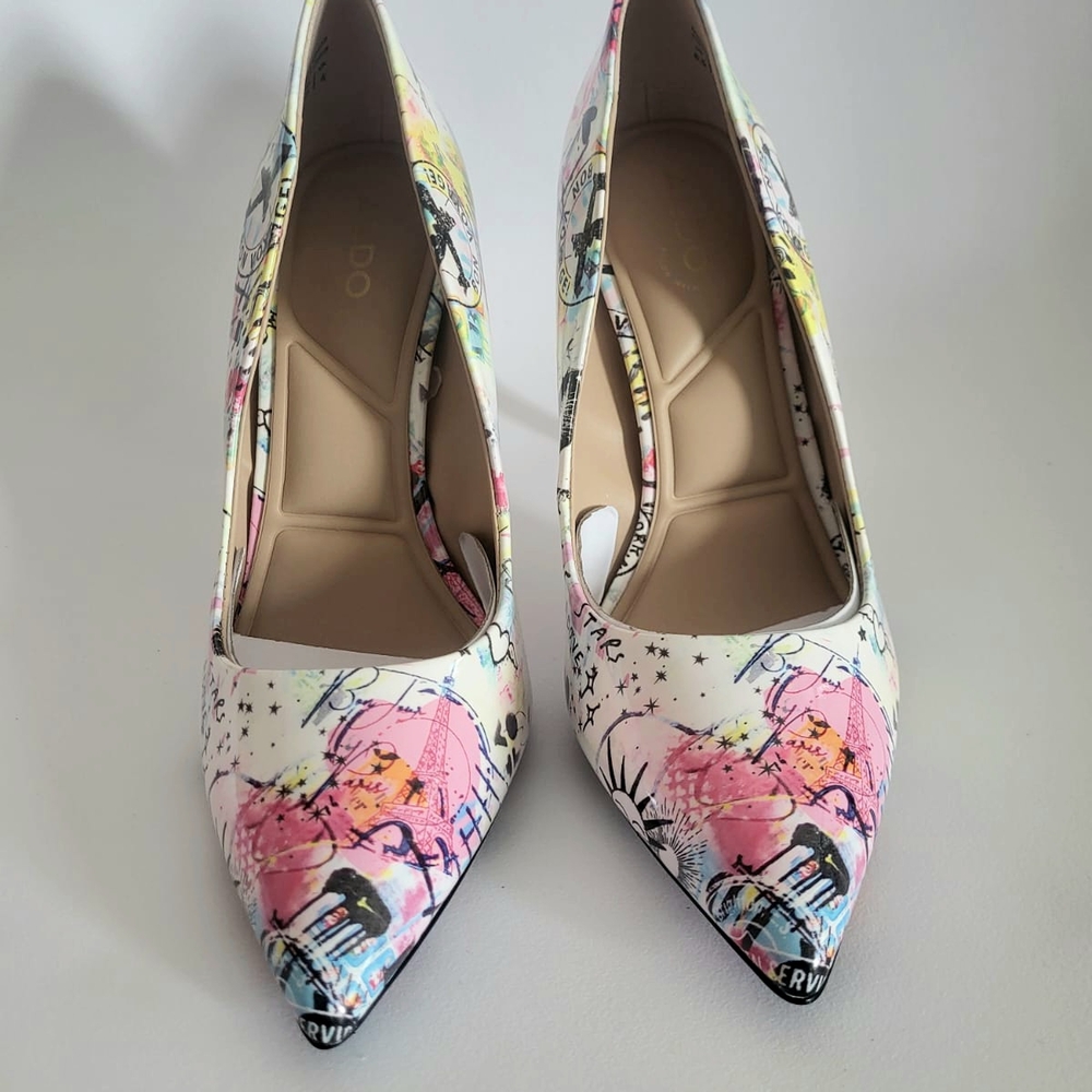 Aldo Stessy Pink and Yellow Artistic Floral Heels